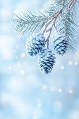 A peaceful winter background with soft blue sky and snow-covered pine branches, symbolizing calm, clarity, and fresh beginnings, with open space inviting reflection or text.