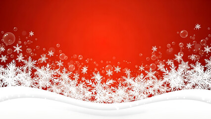 Festive red background with white snowflakes and snowy landscape for a winter holiday theme