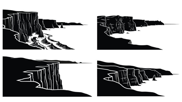 Dramatic cliffs and cascading waterfalls meeting the ocean in a stark illustration