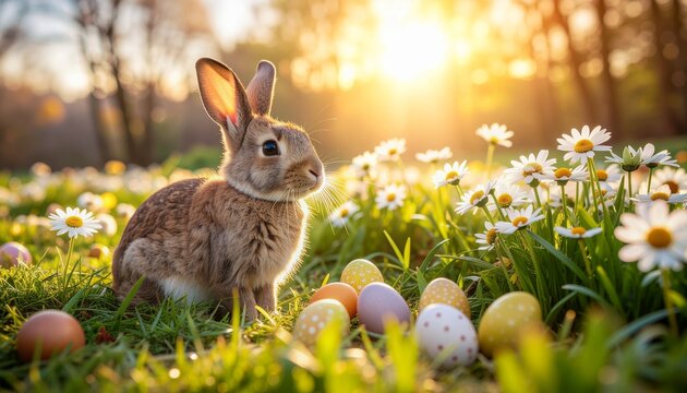 A realistic brown Holland Lop rabbit sitting in a lush spring meadow filled with daisies and yellow tulips.  and easter egg - Powered by Adobe