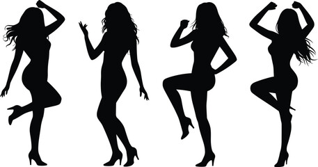 Dancing women silhouettes vector illustration showing energetic female dance poses, party movement, nightlife concept, stylish black design isolated background