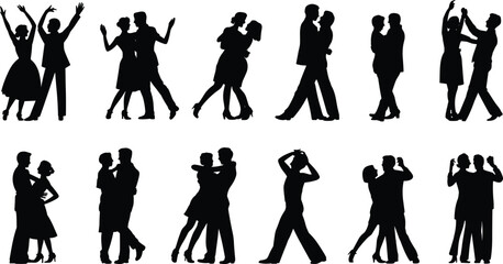 Dancing couple silhouette vector set with diverse poses and styles for lifestyle, performance, and social event illustration themes.