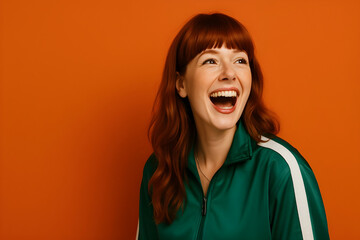Joyful portrait of a young woman with red hair laughing loudly, wearing a green tracksuit jacket against a vibrant orange studio background.