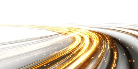 Brilliant golden light trails curve dynamically across a bright white background suggesting rapid motion or data flow.