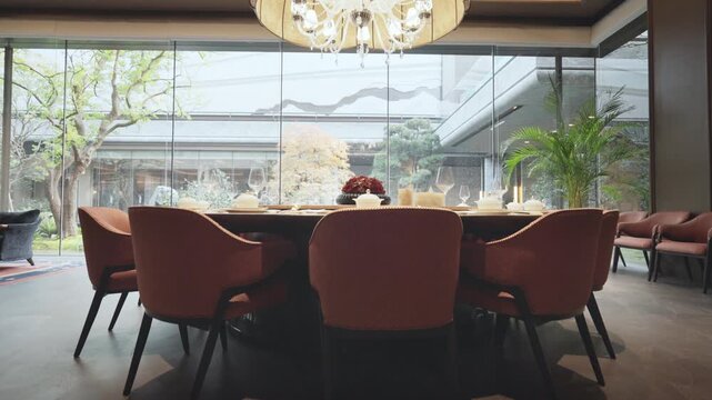 Elegant dining setup by garden view