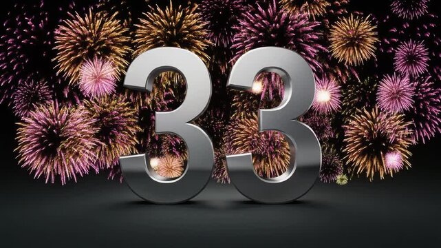 Silver number 33 with fireworks in the background. Festive scene for birthday or anniversary party