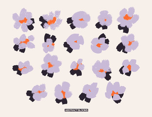 Abstract floral elements set. Hand painted style flowers with textured brush effect. Modern organic shapes. Perfect for branding, packaging, textile design, posters, cards and surface design