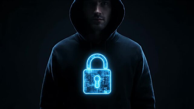 An anonymous man in a dark hoodie with a glowing digital padlock icon