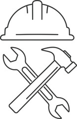 A line art illustration of construction tools including a hammer and wrench with a safety helmet above them
