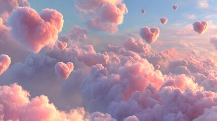 Dreamlike sky with fluffy pink heart shaped clouds for romantic design and inspiration