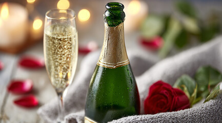 A red rose on the bed, a champagne bottle and a glass.