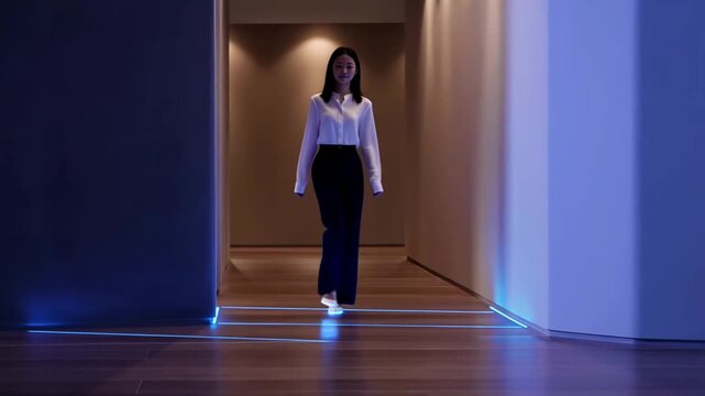 Modern hallway with sleek wooden floor and sequential blue LED step lights in stylish contemporary home interior