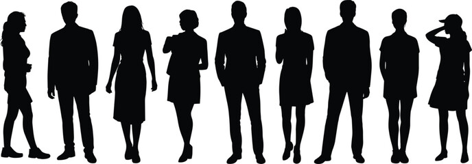 Standing people silhouettes vector illustration showing diverse men and women poses, teamwork, social diversity, business and community concept
