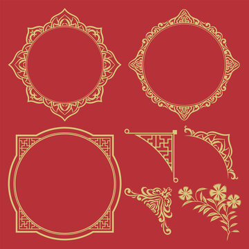 Golden ornate frames and decorative elements with traditional Asian patterns on a vibrant red background, including round and square borders, corners, and floral designs.