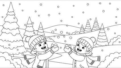 Joyful children playing in a winter landscape with snow-covered trees and