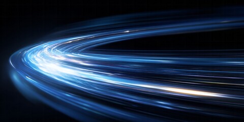 Intense blue light trails curve dynamically across a dark background suggesting high speed motion.