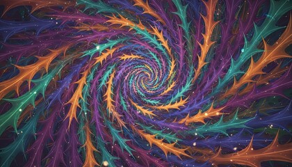 Hypnotic Swirling Fractal Pattern with Vibrant Purple Orange Teal and Gold Colors and Sparkling Lights