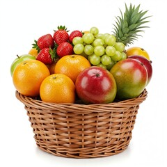 Premium Fruit Basket with Fresh Glossy Fruits on Pure White Background