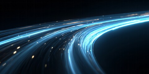 Bright blue light streams curve dynamically across a dark background creating an abstract sense of motion