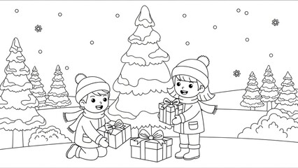 Fototapeta premium Children Giving Christmas Gifts in a Festive Winter Landscape Scene