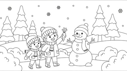 Fototapeta premium Children Building a Snowman Amidst Winter Wonderland Trees and Falling Snow