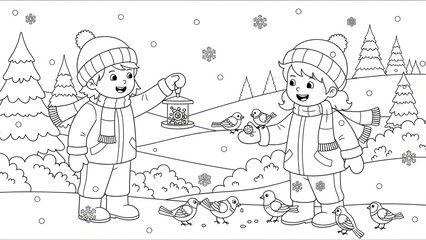 Children Feeding Birds in a Snowy Winter Forest Scene with Joyful Expression