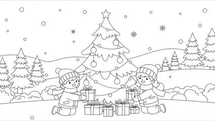 Festive holiday scene with children decorating Christmas tree and exchanging