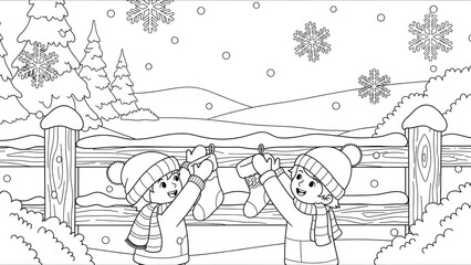 Children Enjoying Winter Snowfall Behind Wooden Fence in Playful Scene