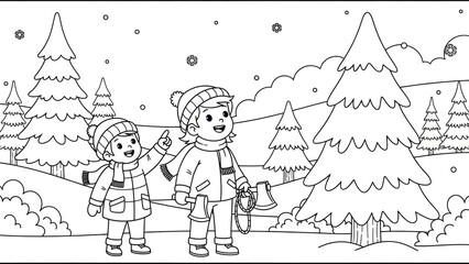 Children Exploring Snowy Forest with Christmas Trees and Winter Nature Scene