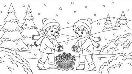Children in winter clothing sharing pinecones in snowy forest landscape