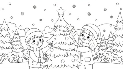Children Decorating a Christmas Tree Outdoors with Snowfall and Festive