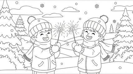 Joyful Children Playing in Snow with Fireworks and Winter Trees