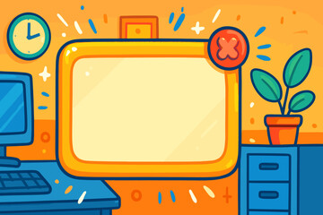 Cute Desk Setup with Computer, Clock and Plant