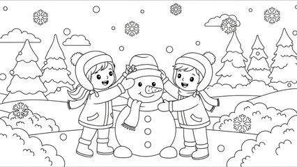 Children Building a Snowman in a Winter Landscape with Trees and Snowflakes