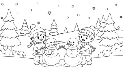 Children Building Snowmen and Playing in a Snowy Winter Landscape