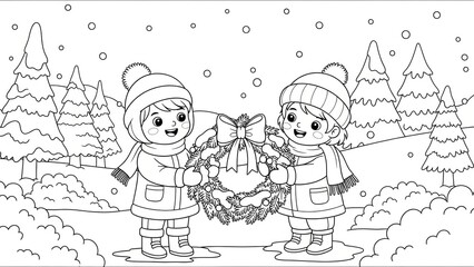 Cute children exchanging holiday wreaths outdoors in a winter landscape with