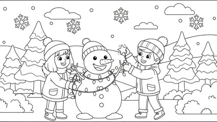Children building a snowman and decorating with festive lights in winter