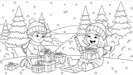 Children enjoying Christmas outdoor with gifts under snow-covered pine trees
