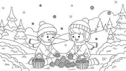 Children Enjoying Winter Nature Gathering Pinecones in a Forest