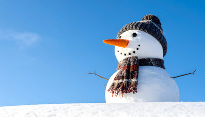 Happy Snowman Wearing Knit Hat and Plaid Scarf in Sunny Winter Landscape against Blue Sky with Copy Space