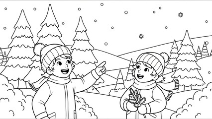 Joyful children exploring a snowy winter landscape with pine trees and festive