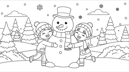 Joyful children building a snowman in a winter landscape with pine trees and