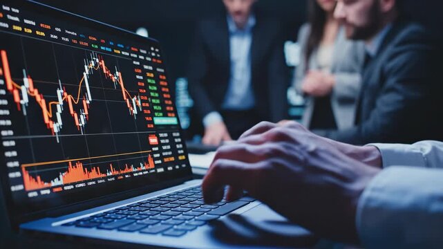 Person analyzing financial stock market data on laptop computer screen 4k video