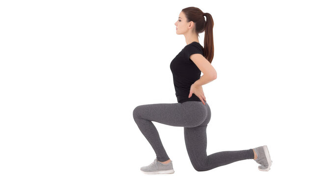 Young woman wearing black sportswear practicing hip flexor exercises sitting on transparent background, promoting fitness and healthy lifestyle