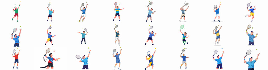 Collection of various tennis player illustrations serving the ball, showing different action poses and movements isolated on white background.