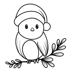 Woodland Animal Christmas black doodle outline. bird.