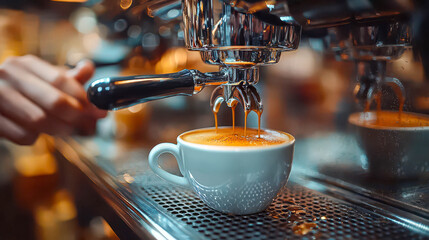 Close-up of a barista pulling a fresh espresso shot into a white cup using a professional coffee machine, with warm café lighting and shallow depth of field
