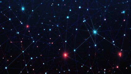 Abstract network of glowing dots and lines on a dark background representing connection and technology.