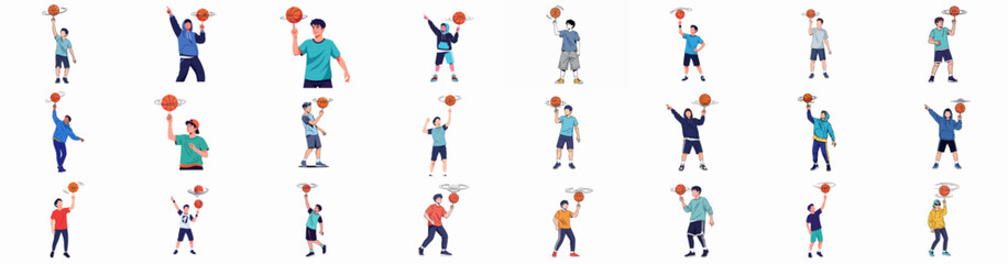 Basketball spinning trick collection: Young athletes and boys demonstrating skill, balance, and street sport mastery in various poses.