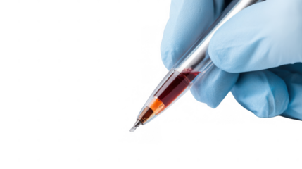 Close up of gloved hand dripping blue chemical liquid from graduated pipette into petri dish on a transparent background in laboratory setting, conducting scientific experiment or medical research